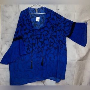 New With Tags Catherines Blue Tasseled Tie Neck Paisley Vine Blouse 5X